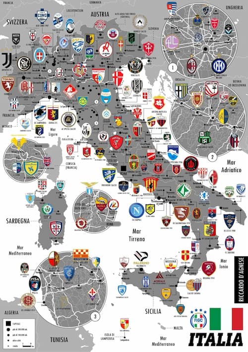 イタリアのサッカークラブを網羅した地図