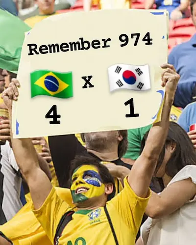 「ブラジル 4-1 韓国」のスコアを掲げるブラジル人サポーター