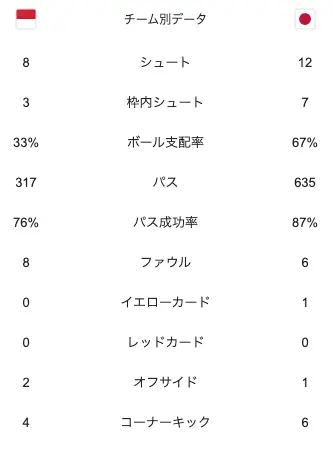 サッカー日本代表のインドネシア戦試合スタッツ