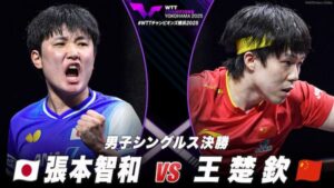 卓球のWTTチャンピオンズ決勝戦で中国の王楚欽に4-2で勝利した張本智和
